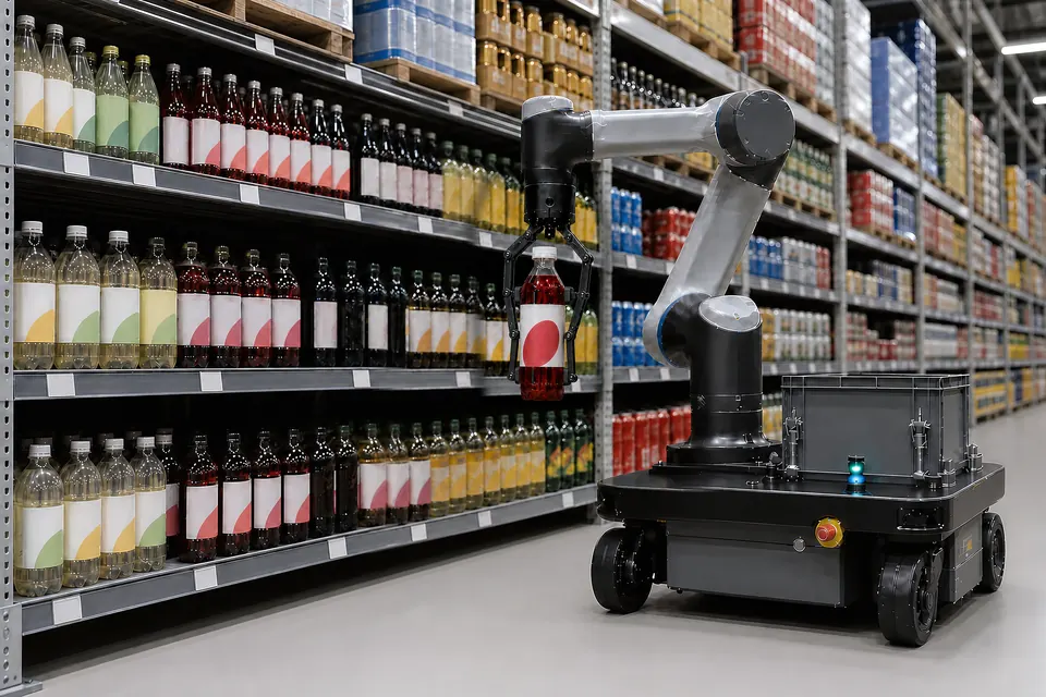 Concept render of a mobile robot arm restocking products at a retail shelf.