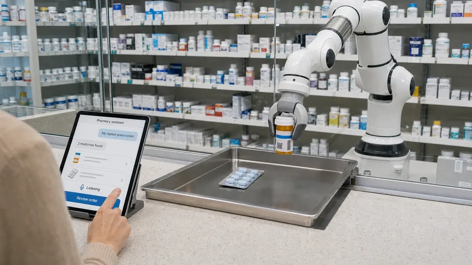 Concept render of a robot arm designed for a pharmacy counter workflow.