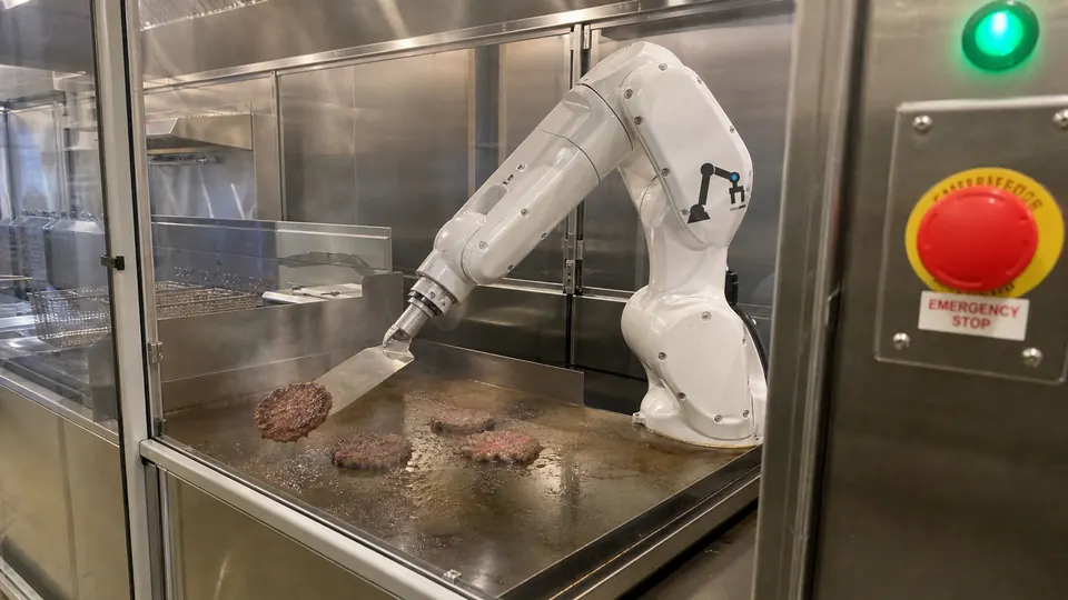 Concept render of a robotic arm at a commercial kitchen station.